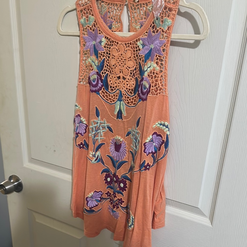 Free People Orange Floral Embroidered Tunic